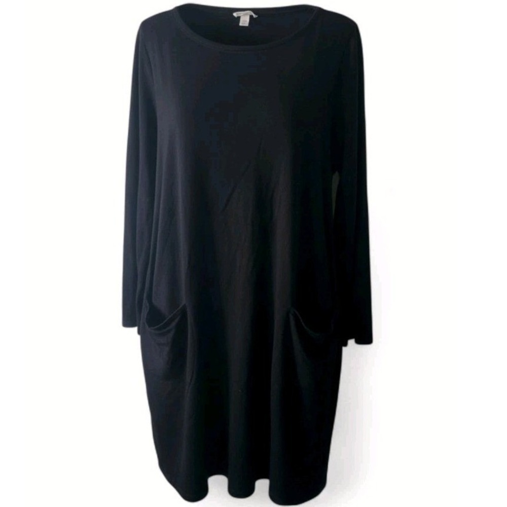 Eileen Fisher Tencel Fleece Dress L Black Bateau Neck Tunic Pockets Lagenlook